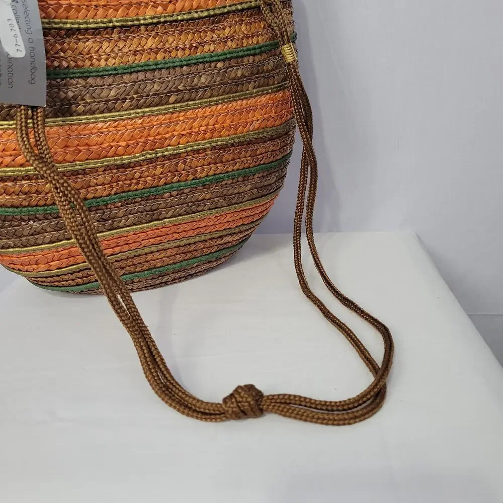 Vintage 90s Striped Straw Shoulder Hand Bag Multicolor Boho Beachy Vacation, New